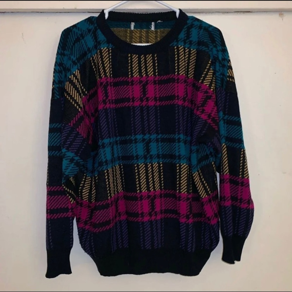Vintage Black Fuschia Plaid Sweater